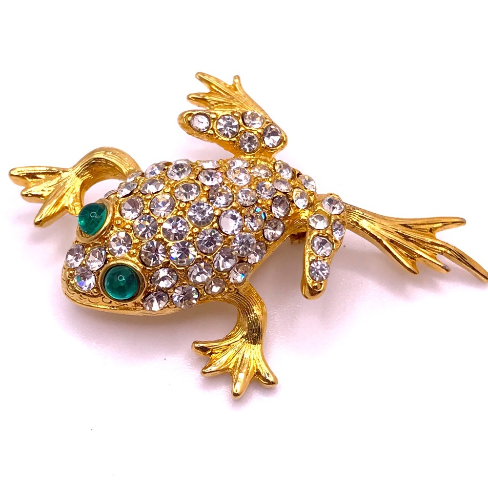 Crystal Gold Tone Frog Pin Brooch